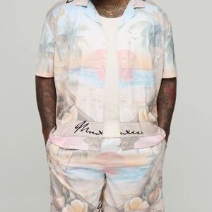 Plus Oversized Half Sleeve Palm Tree Printed Satin Set, NWT, Size 2XL